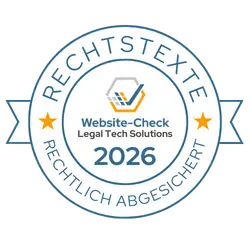 Das Website-Check Siegel. Es zeigt an, dass die Rechtstexte aktuell sind und verlinkt auf eine Website mit weiteren Daten.